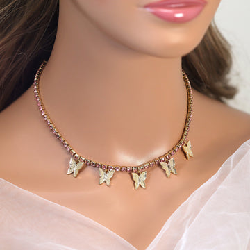 Gold Pink Rhinestone Butterfly Choker Necklace• Butterfly Drop Necklace • Minimalist • Gold Butterfly Necklace
